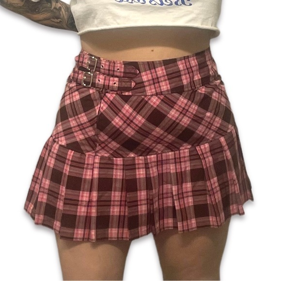 Vintage Dresses & Skirts - SOLD Tartan Plaid Pleated Pink Brown Buckle Circle Skirt
